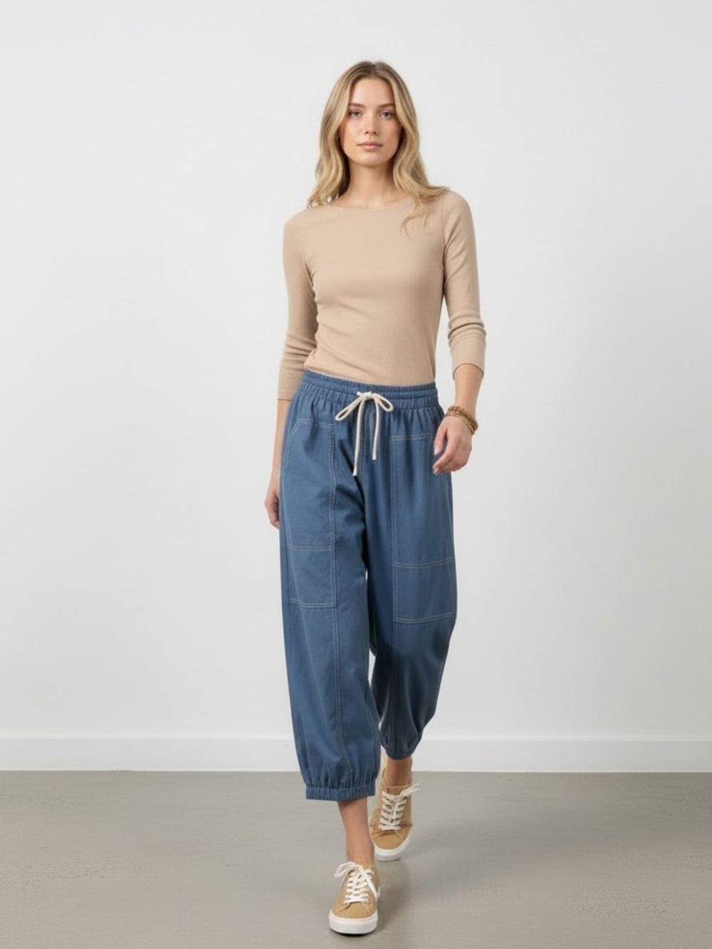 1675 • Blue Cotton Drawstring Barrel Pants w/Porkchop Pockets & Gathered Cuffs